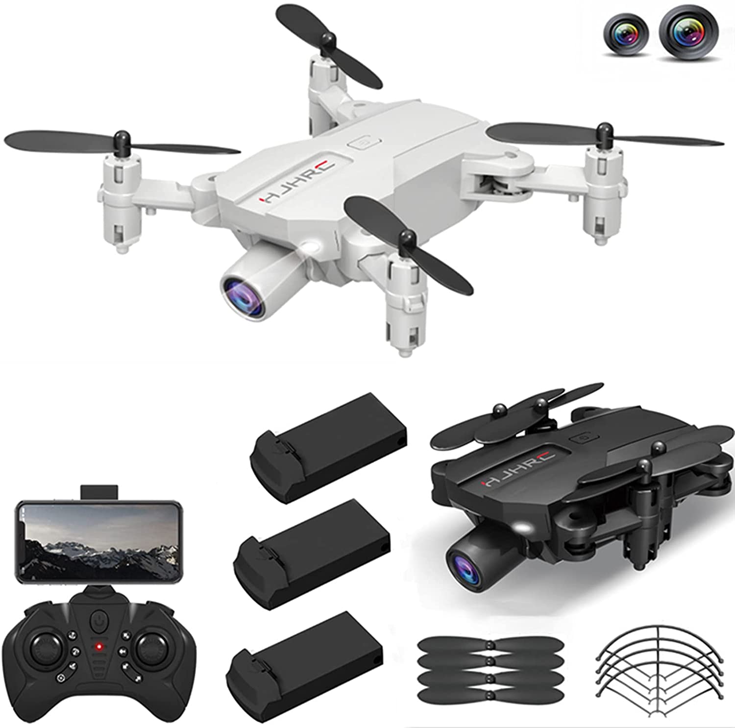 HJ66 Mini Drone com câmera dupla 1080P HD, WiFi FPV Pressão de ar Altitude Segure Quadricóptero RC dobrável, 45 minutos de tempo de voo com 3 baterias